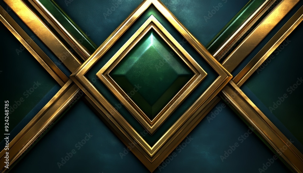 Green Gemstone Centered in Gold and Teal Geometric Design Green Gemstone Centered in Gold and Teal Geometric Design