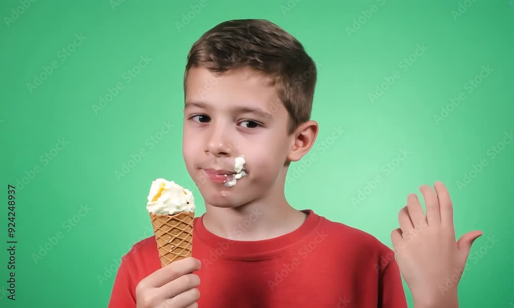 Boy enjoying ice cream cone against green background with ai generated.
Boy enjoying ice cream cone against green background with ai generated.