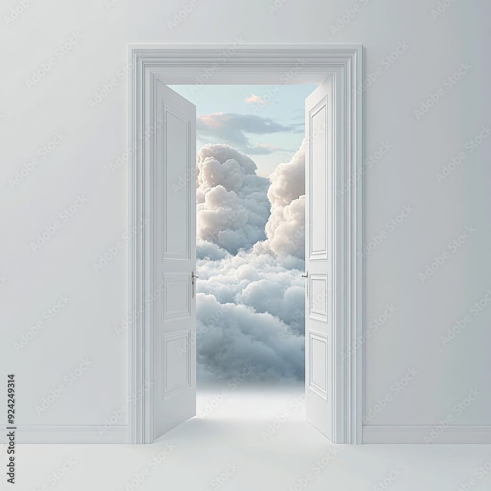 A white door opens to reveal an endless sky A white door opens to reveal an endless sky