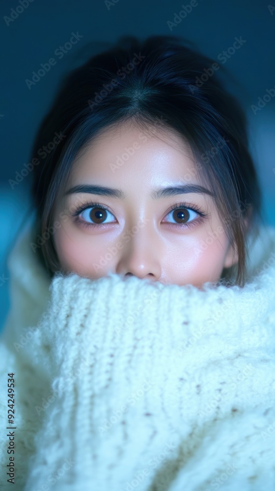 A woman enjoying a midnight snack, comfortably wrapped in a thick blanket, radiating a calm ambiance