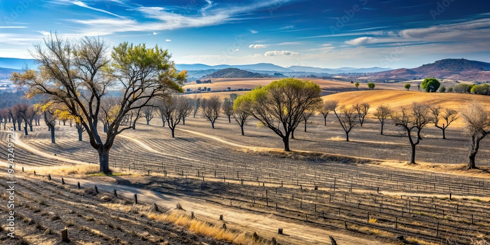 Naklejka premium Charred trees and crop fields destroyed by fire in Navarre, Spain, wildfire, devastation, ash, natural disaster
