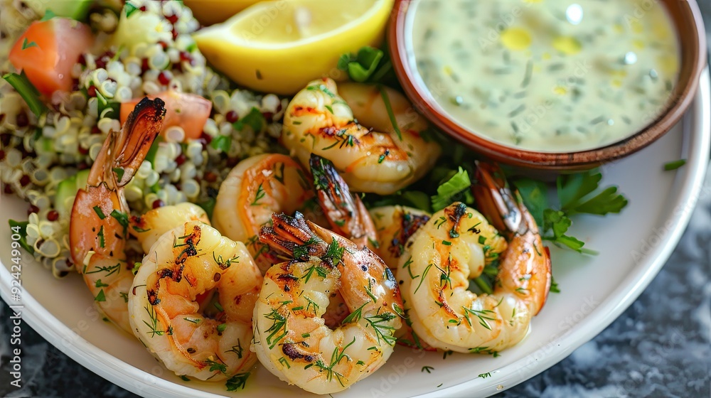 Top view of grilled shrimp with a tangy lemon dill sauce, accompanied by a side of quinoa salad and fresh lemon wedges. Top view of grilled shrimp with a tangy lemon dill sauce, accompanied by a side of quinoa salad and fresh lemon wedges.
