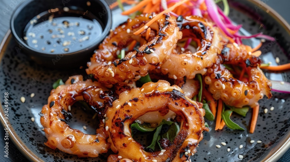 Top view of grilled squid rings with a sesame and soy glaze, served with a side of pickled vegetables and a small bowl of dipping sauce. Top view of grilled squid rings with a sesame and soy glaze, served with a side of pickled vegetables and a small bowl of dipping sauce.