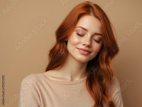 Portrait of a Woman with Long Red Hair and Closed Eyes Smiling