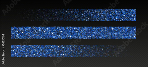 Blue glitter brush strokes, shimmer spray effect, luxury shimmery particles, festive holiday sparkles, shiny star dust lines isolated on a dark background. Christmas decoration. Vector illustration.
