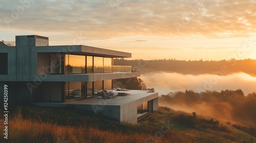 Modern house on a hillside at sunrise, showcasing sleek architecture and stunning natural surroundings, embodying luxury and tranquility.