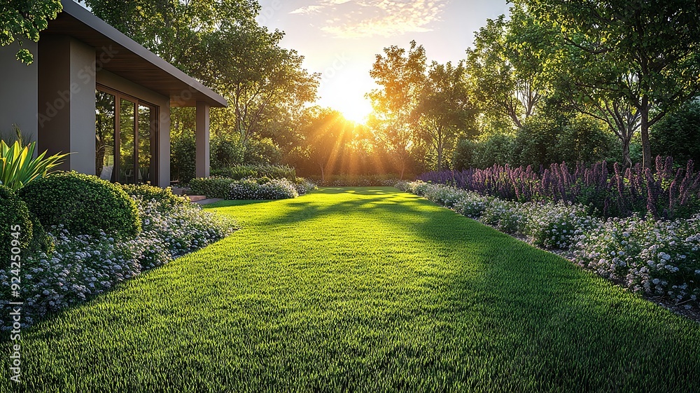 Tranquil Garden Scene with a Sun-Drenched Lawn Tranquil Garden Scene with a Sun-Drenched Lawn