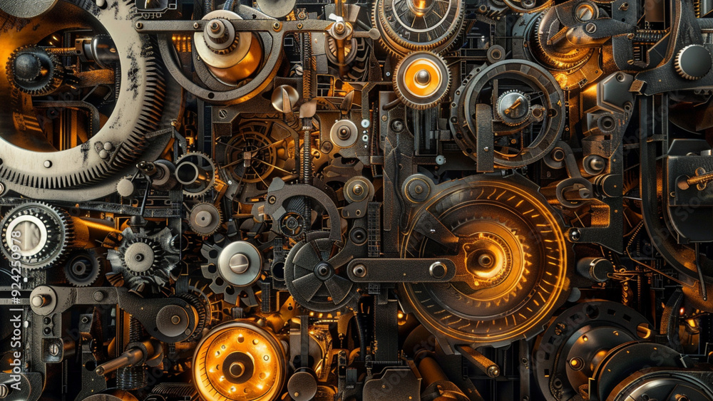 Intricate Abstract Factory Scene with Interwoven Gears, Machinery Parts, and Metallic Vibrant Colors Highlighting Industrial Complexity Intricate Abstract Factory Scene with Interwoven Gears, Machinery Parts, and Metallic Vibrant Colors Highlighting Industrial Complexity