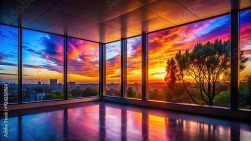 Room view of a colorful sunset with silhouettes of trees and buildings  sunset  room  view  colorful  silhouettes  trees