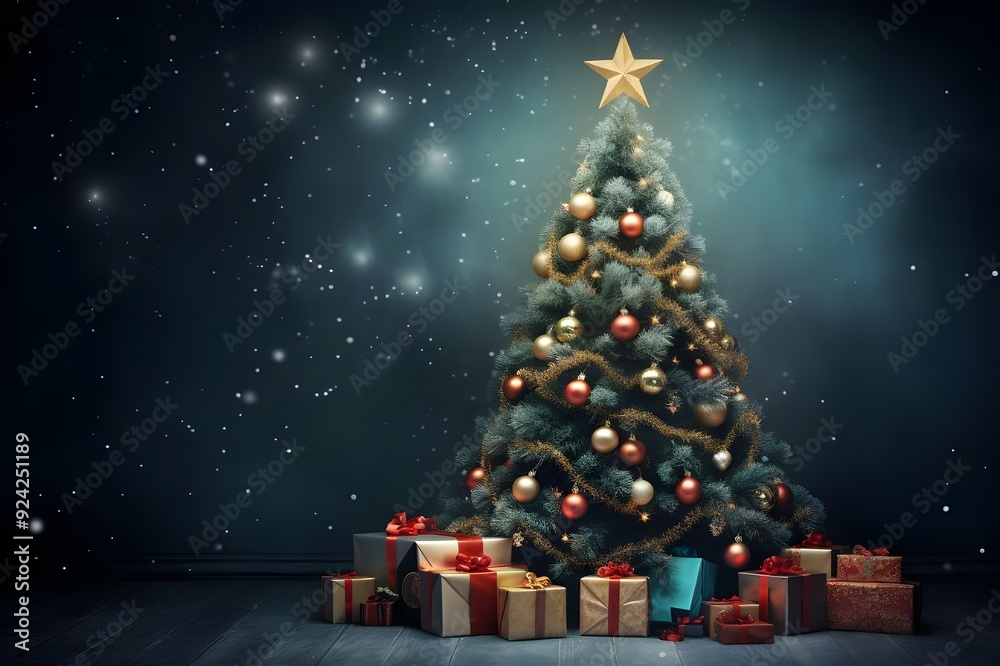 Obraz premium christmas tree and gifts, copy space, dark background