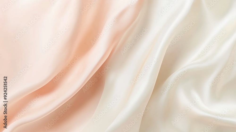Fototapeta premium Flowing gracefully in soft waves, luxurious peach and cream silk fabric creates a delicate, elegant background exuding beauty and sophistication