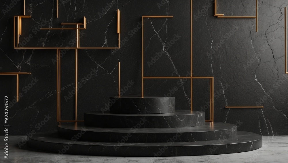 Fototapeta premium Elegant black marble podium with gold geometric elements on dark background.