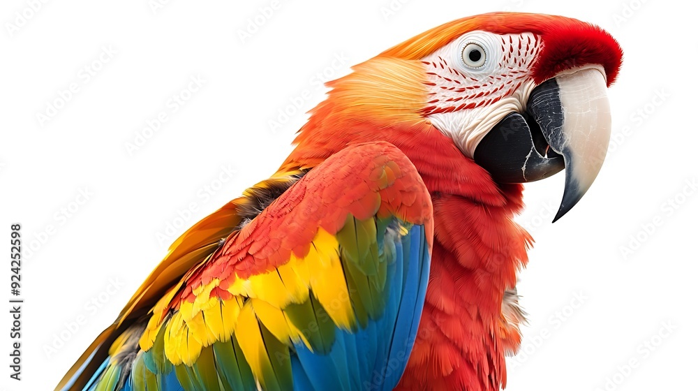 Scarlet Macaw with Vibrant Feathers on White Background Scarlet Macaw with Vibrant Feathers on White Background