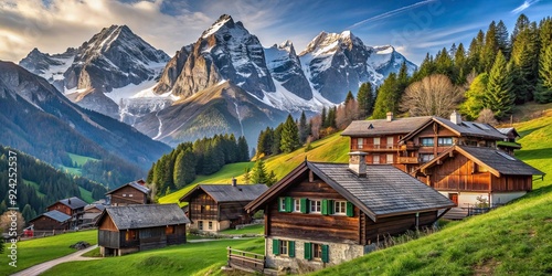 Mountain village nestled in the alpine landscape with charming wooden houses and snow-capped peaks in the background