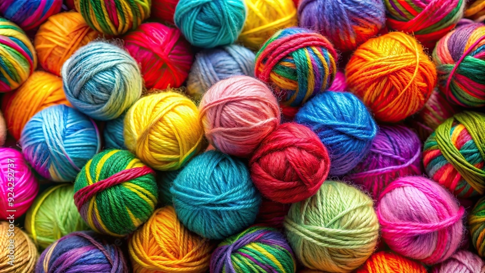 Close up of vibrant multicolored balls of woolen yarn for knitting hobby , knitting, colorful, wool, yarn, hobby, craft Close up of vibrant multicolored balls of woolen yarn for knitting hobby , knitting, colorful, wool, yarn, hobby, craft