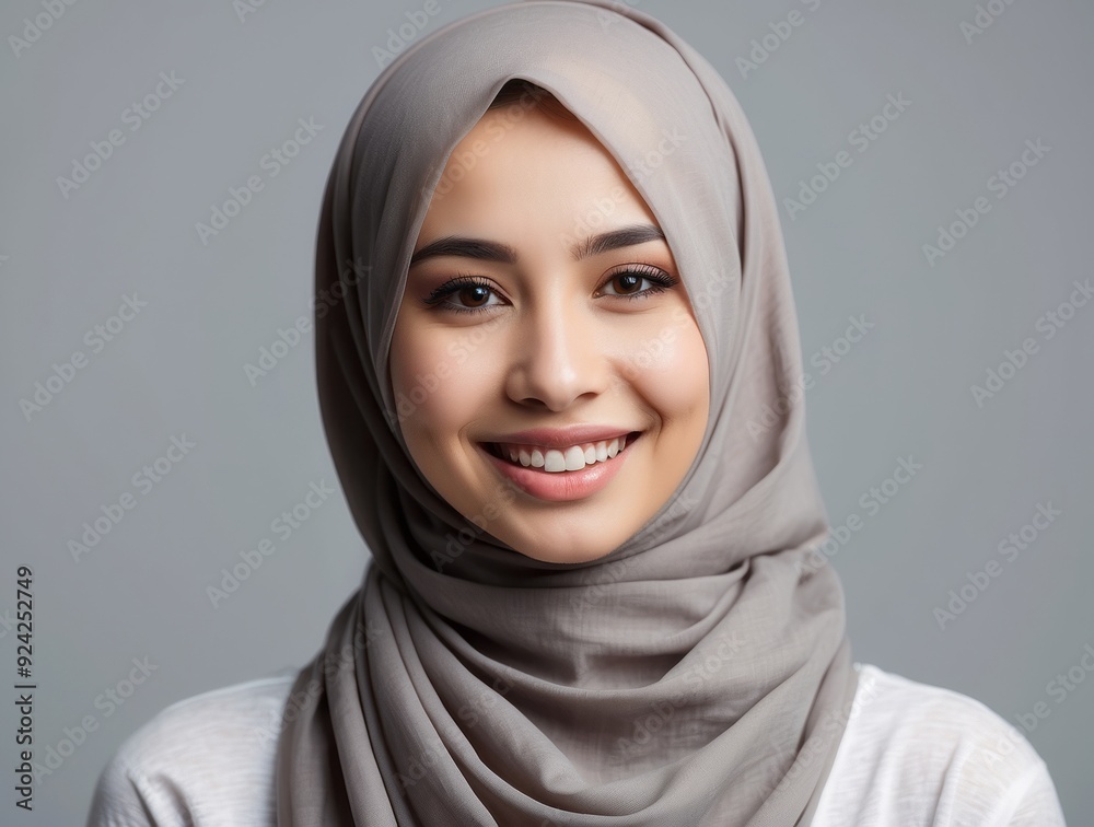 Portrait of a Smiling Woman Wearing a Grey Hijab Portrait of a Smiling Woman Wearing a Grey Hijab