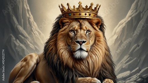 Majestic lion wearing a royal crown, symbolizing strength and power. photo