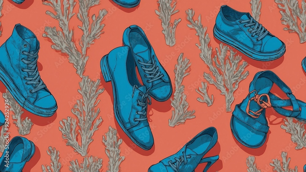Various blue shoes on coral background with gray abstract elements. Various blue shoes on coral background with gray abstract elements.