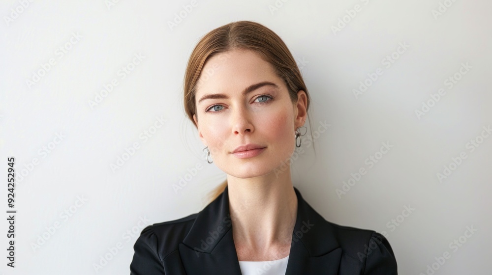 Professional businesswoman poses confidently for the camera in elegant suit with hands on hips Professional businesswoman poses confidently for the camera in elegant suit with hands on hips