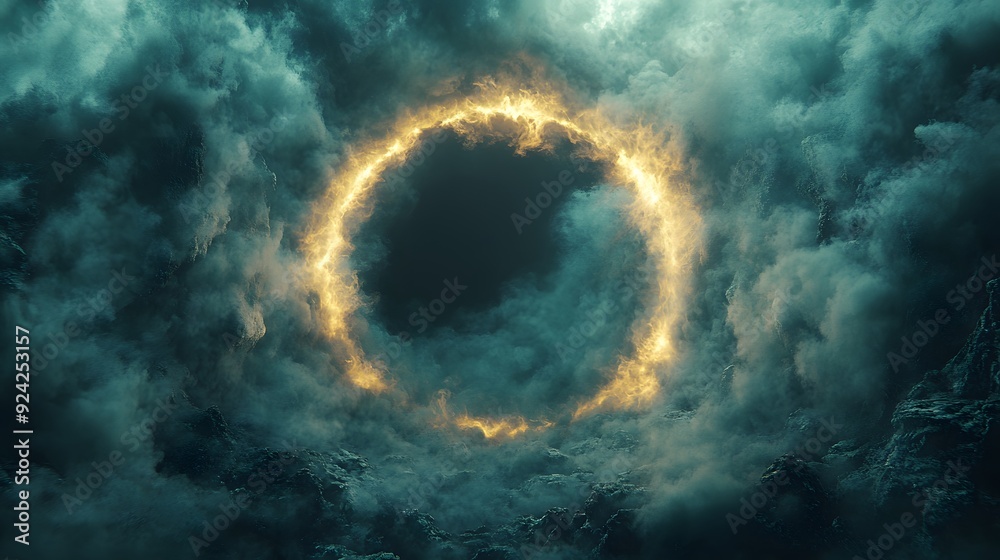 Thick smoke radiates outward from a central void, forming an eerie ring of fog around an empty center, ideal for Halloween.