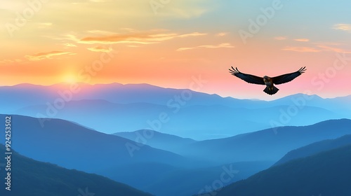 Hawk Soaring Above Misty Mountains at Sunset