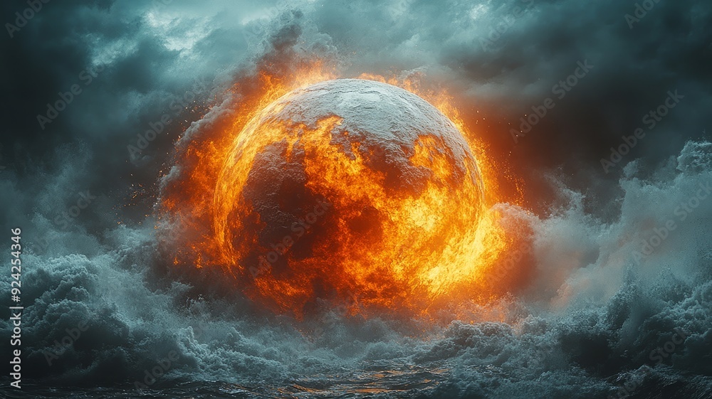 Fiery Planet Emerging From Stormy Waters