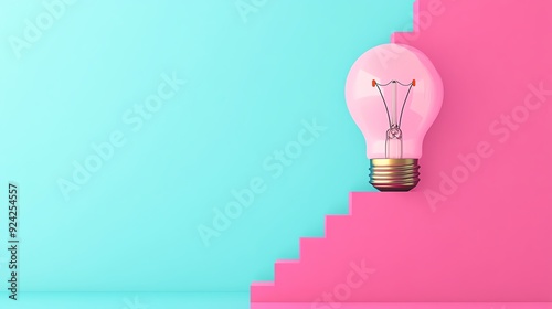 A vibrant pink light bulb sits on a contrasting pastel colored staircase, symbolizing creativity and innovation in design.