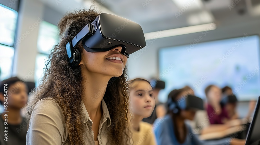 A teacher leads a VR class, engaging students in immersive learning and fostering collaboration. A teacher leads a VR class, engaging students in immersive learning and fostering collaboration.