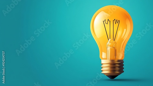 Bright and vibrant yellow light bulb standing against a teal background, symbolizing innovation and creativity.