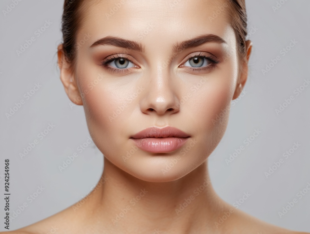 Close-up Portrait of a Woman with Soft Makeup and a Neutral Expression Close-up Portrait of a Woman with Soft Makeup and a Neutral Expression