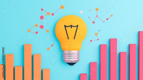 Colorful light bulb representing creativity and innovation amidst modern graphs and connections, perfect for business concepts.