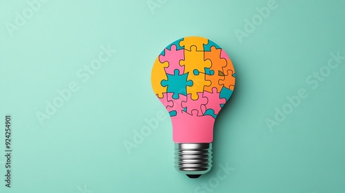 Colorful puzzle light bulb on turquoise background, symbolizing creativity, innovation, and problem solving.