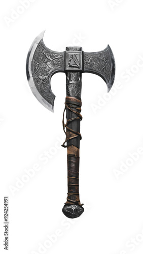 A medieval knight's battle axe with a rugged handle, isolated transparent background