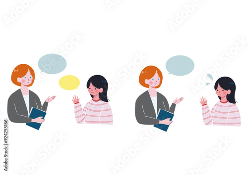 英語の先生と話す日本人学生の女の子のイラストセット