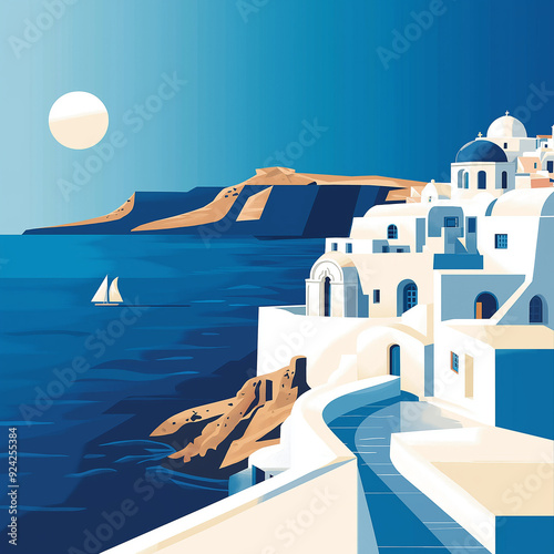 Santorini Landscape During Summer, Mediterranean View, Bright Colors