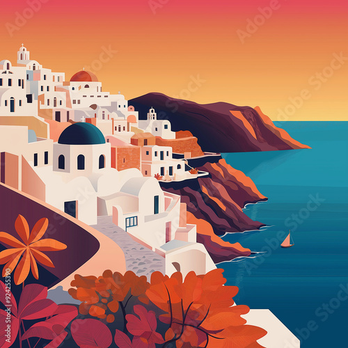 Greek Island In Autumn Landscape, View On The Sea, Neutral Fall Colors, Digital Illustration photo