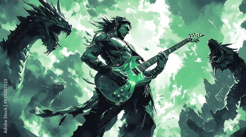 Fototapeta premium Ripped Medieval Hero Commanding the Stage with Electric Guitar Performance Amidst Fantastical Dragon Sculptures