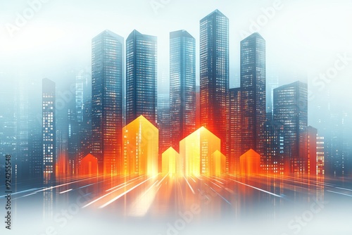 Modern cityscape with digital network overlay symbolizing smart city advancements