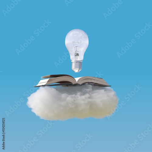 Opening Book put on cloud with light bulb floating  isolate on blue sky background. 3D Rendering. Minimal Creative Education idea concept.