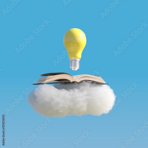 Opening Book put on cloud with Yellow light bulb floating  isolate on blue sky background. 3D Rendering. Minimal Creative Education idea concept.