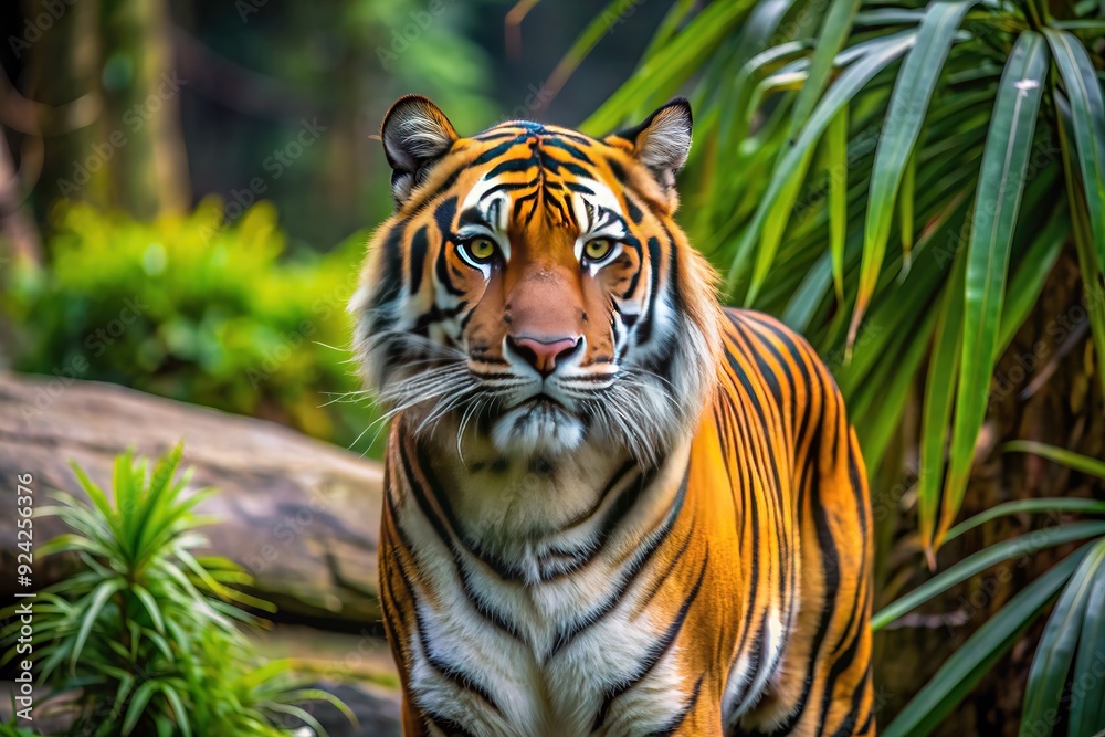 Fototapeta premium Majestic Sumatran tiger, a critically endangered subspecies, confidently roams its spacious enclosure, showcasing its vibrant orange and black stripes in a protected zoo habitat.