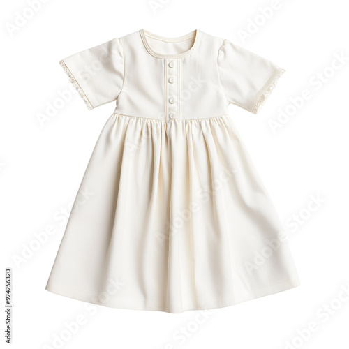 Classic white baby dress with short sleeves, perfect for christenings or special occasions.