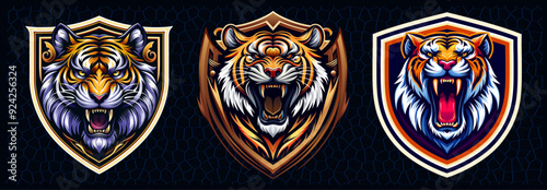 Luxury tiger shield collection, roaring tiger head mascot, abstract tiger logo set, vector design