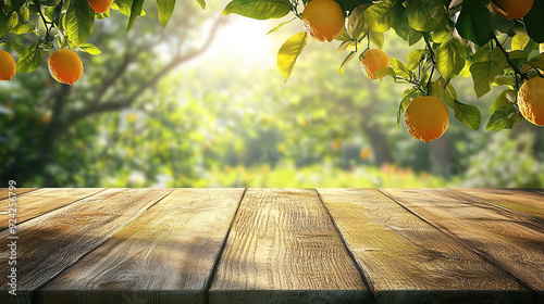 Empty wooden table top with a blurred background of summer nature and fruit trees