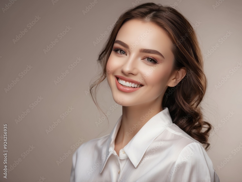 Portrait of a Smiling Woman with Long Brown Hair Wearing a White Shirt Portrait of a Smiling Woman with Long Brown Hair Wearing a White Shirt