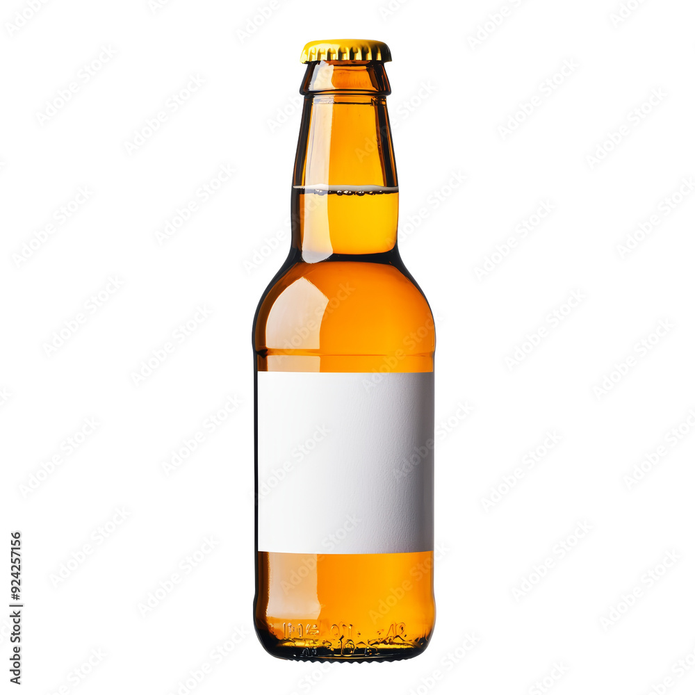 A clear glass beer bottle with a blank white label on transparent background A clear glass beer bottle with a blank white label on transparent background