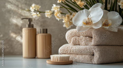 A tranquil spa setting featuring a white orchid, a plush towel, and a massage brush. The soft lighting and elegant arrangement create a perfect atmosphere for relaxation and rejuvenation. photo