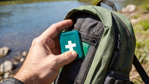 Human hands holding medicines and first aid backpack outdoors in the wilderness for urgent medical aid while doing the hiking and tracking.