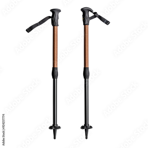 A pair of black and copper trekking poles on transparent background