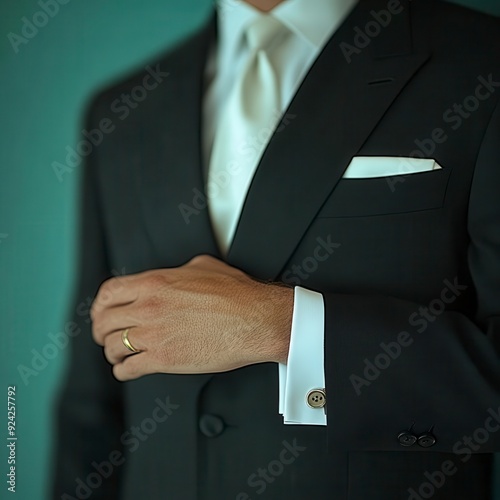 A groom adjusts his cufflinks and wedding band